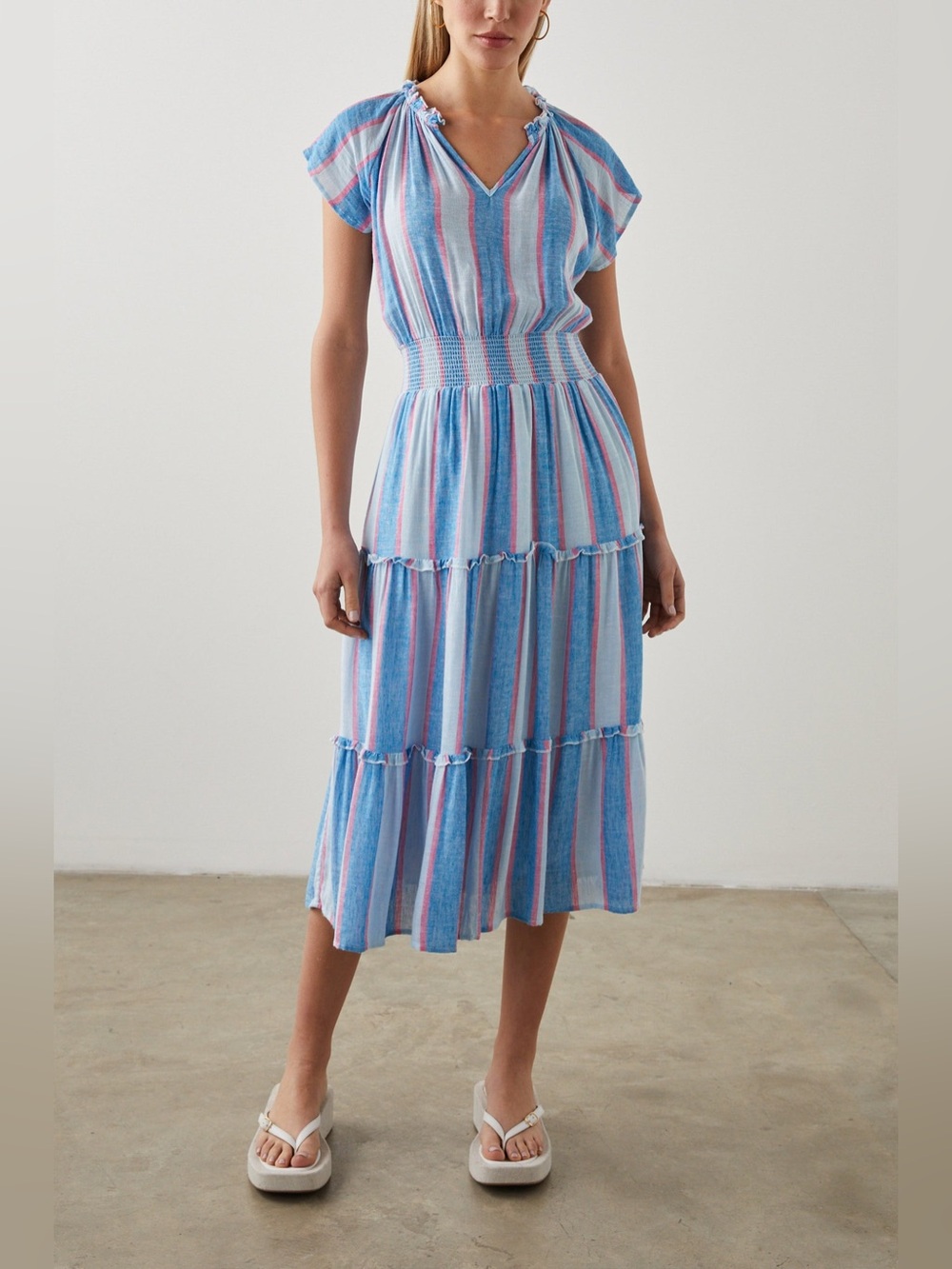 Rails Amellia Kona Striped Blue and Pink Tiered Midi Dress Linen Blend Large - Picture 5 of 13